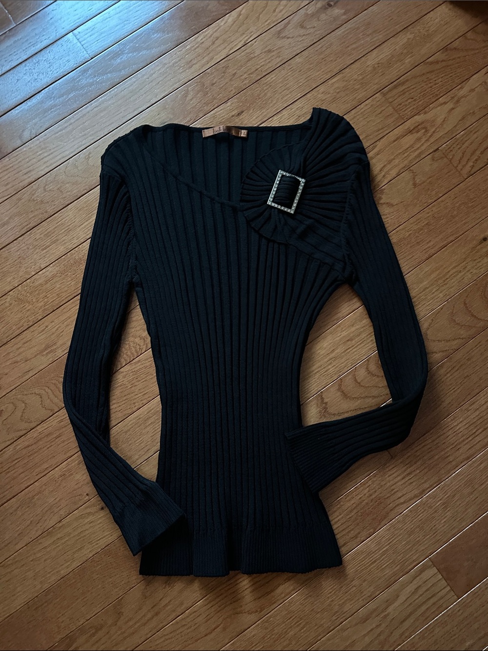 Belldini Black Ribbed Crew Neck Sweater with Buckle Accent